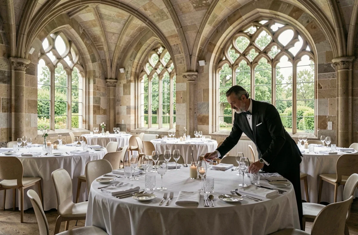 Salle voûtée en pierre de l'abbaye de Villeneuve avec tables gastronomiques dressées pour le restaurant Le 1201 aux portes de Nantes