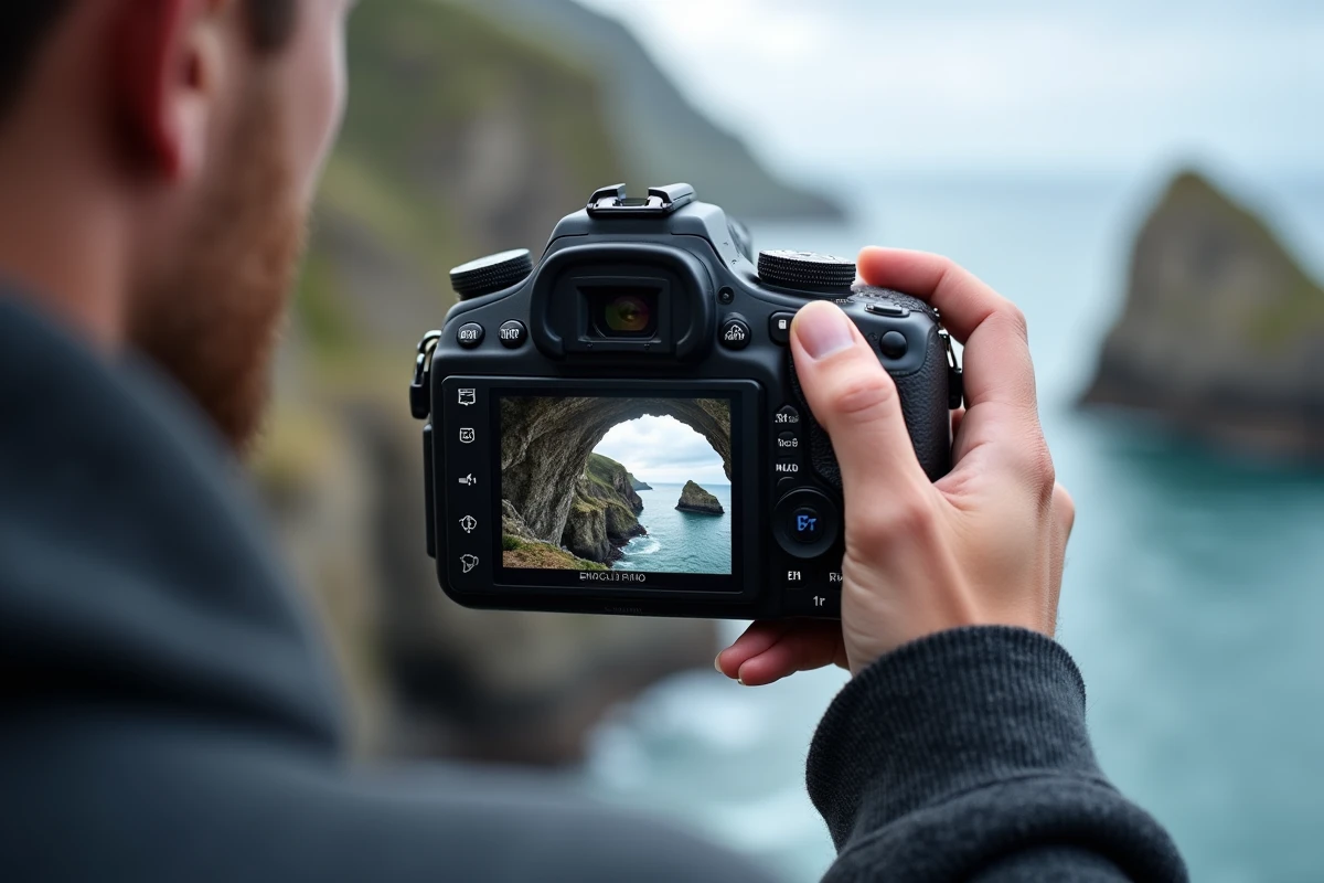 Aberration chromatique visible sur l'écran d'un appareil photo avec un ultra grand-angle, halos violets et verts sur les bords d'une arche en pierre