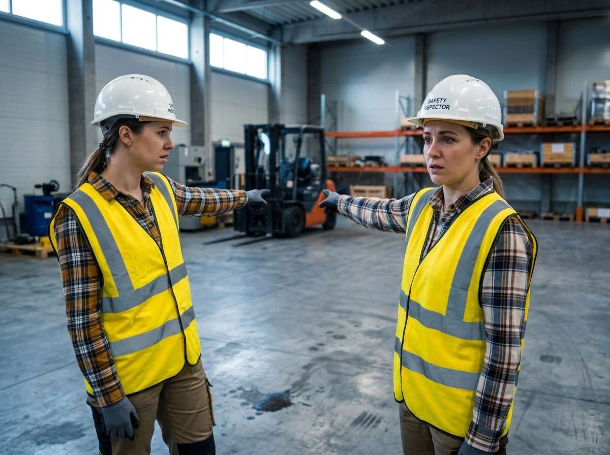 Inspectrice de sécurité pointant une zone d'atelier sans marquage approprié, mettant en évidence les manquements en matière de conformité aux normes de sécurité industrielle