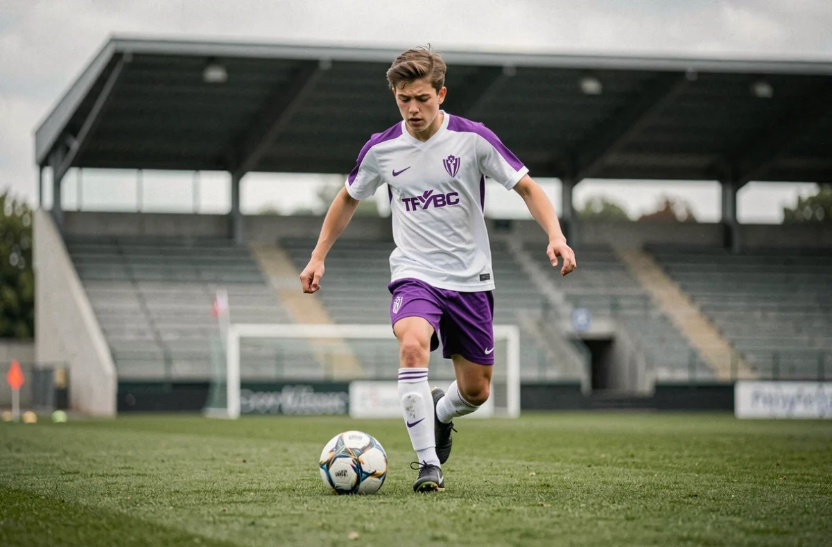 Jeune joueur en formation à l'Académie du Toulouse Football Club sur un terrain d'entraînement professionnel