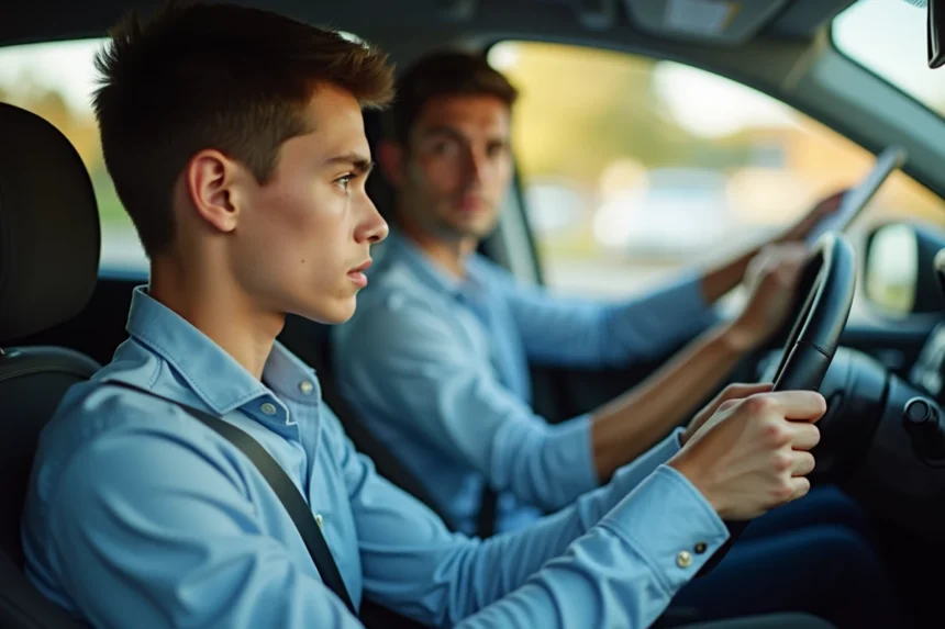 Étudiant en formation de permis accéléré au volant d'une voiture avec instructeur