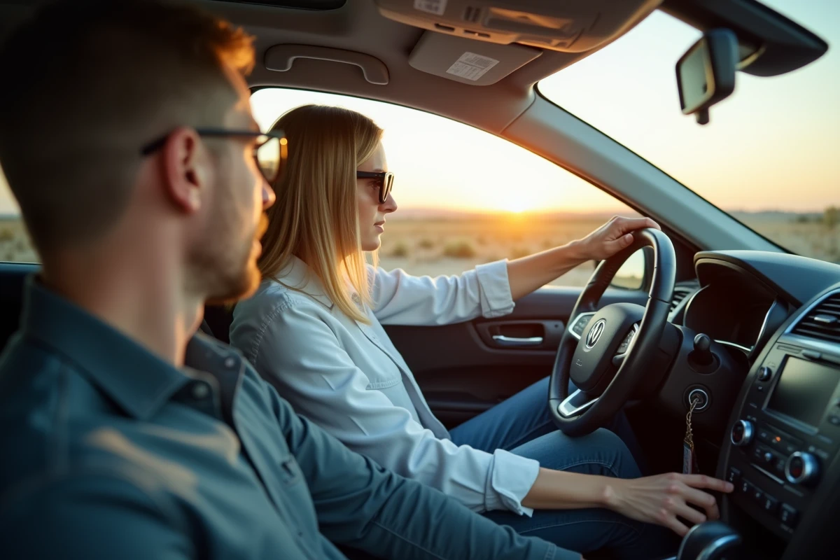 Cours de conduite accéléré avec moniteur et élève dans l'habitacle d'une voiture