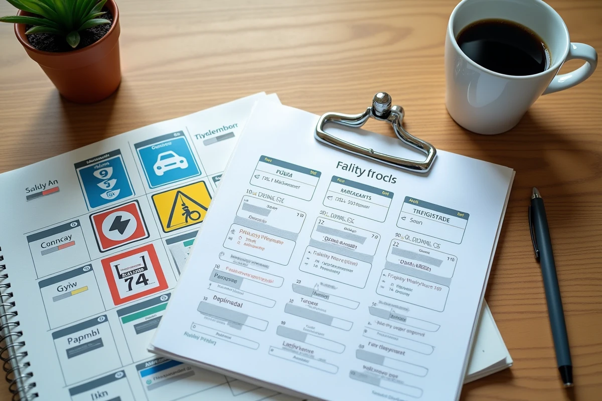 Matériels d'apprentissage pour permis accéléré : manuels, panneaux de signalisation, calendrier d'étude sur un bureau