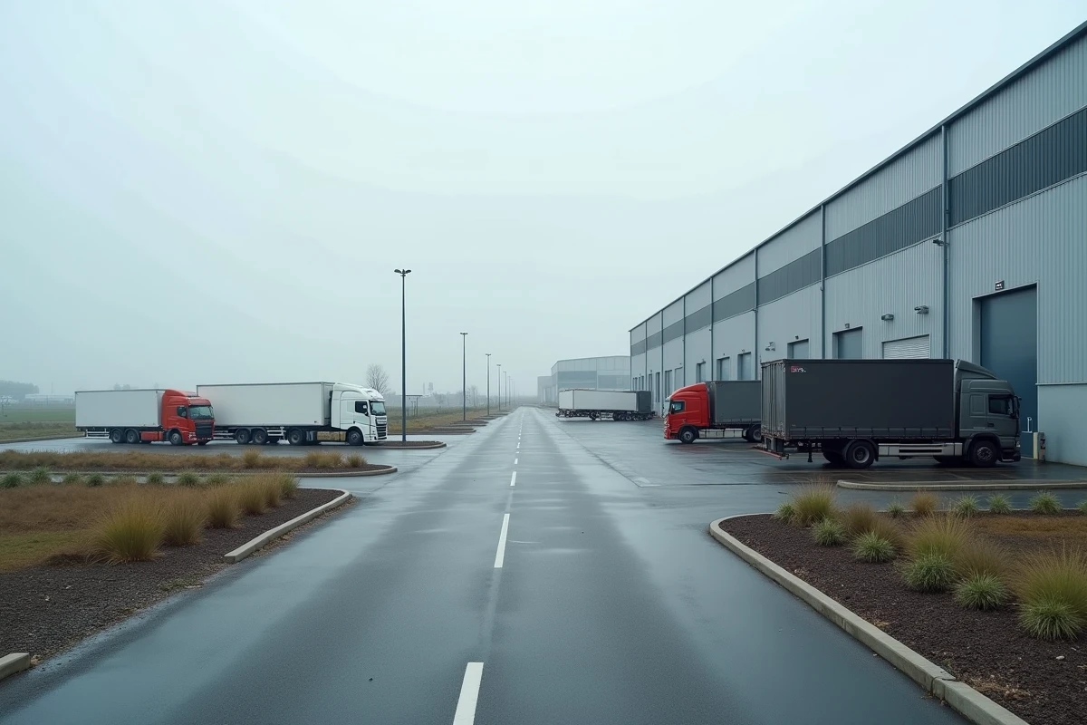 Parc logistique industriel avec camions aux quais de chargement et voie d'accès routier bien aménagée
