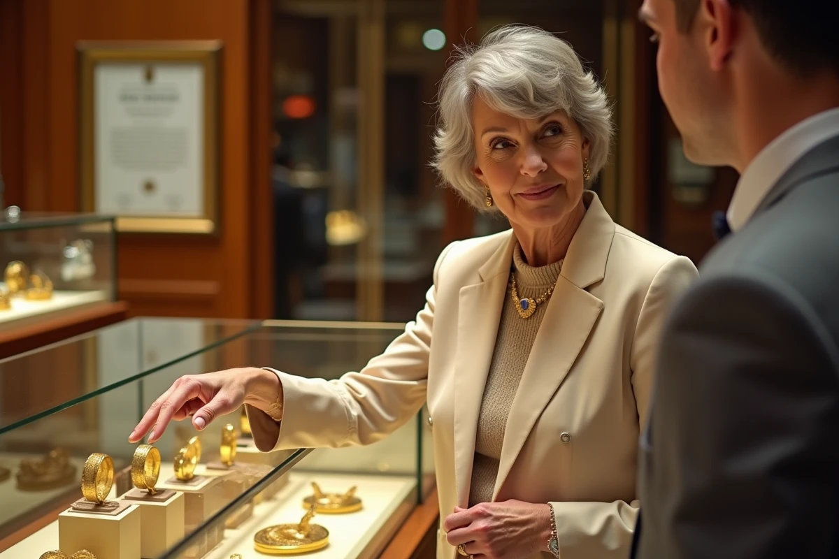 femme examinant des pièces d'or dans une bijouterie spécialisée à Paris