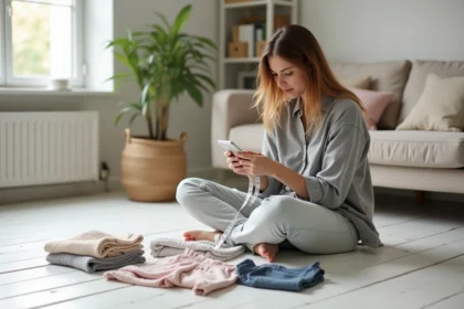Maman mesurant un vêtement enfant avec un mètre ruban tout en consultant les tailles sur son smartphone, assise sur un parquet en bois