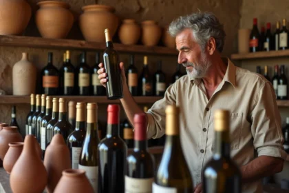 Homme marocain examinent attentivement une bouteille de vin dans une boutique traditionnelle du medina avec étagères en bois et vieilles bouteilles marocaines