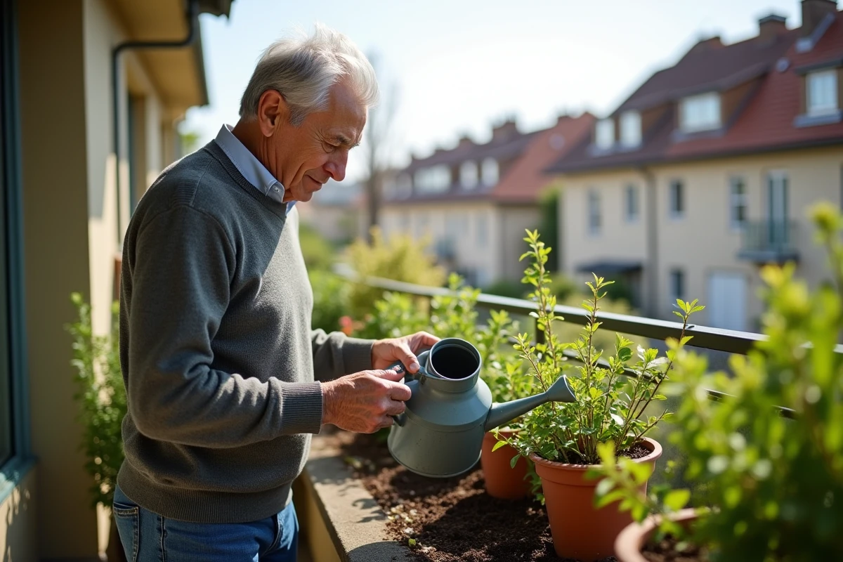 Homme senior jardinant avec des plantes en pot sur balcon pour une activité créative et relaxante