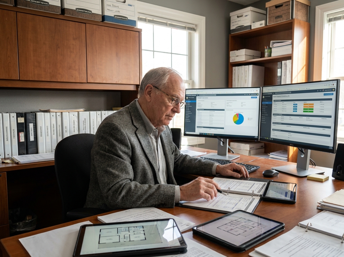 Administrateur immobilier senior gérant les dossiers locataires et calendriers d'entretien dans un bureau organisé