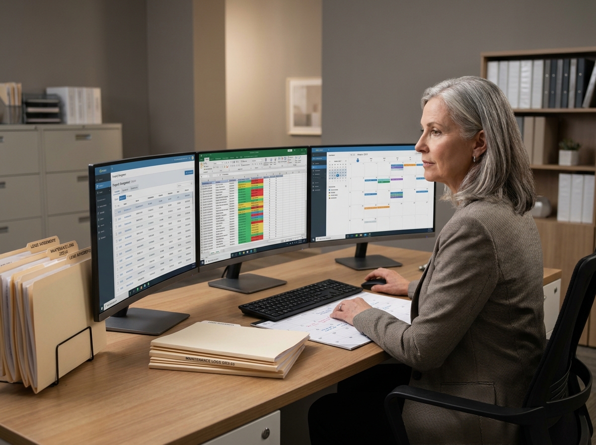 Administrateur immobilier travaillant sur plusieurs moniteurs avec logiciel de gestion et documents de propriété