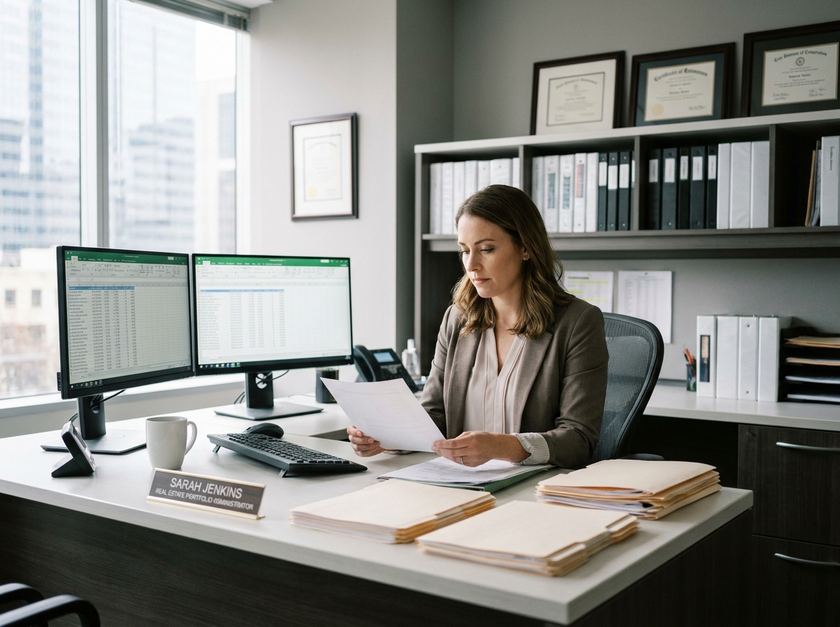 Administratrice de portefeuille immobilier travaillant sur des dossiers complexes et des données, illustrant l'importance de la gestion administrative précise des propriétés