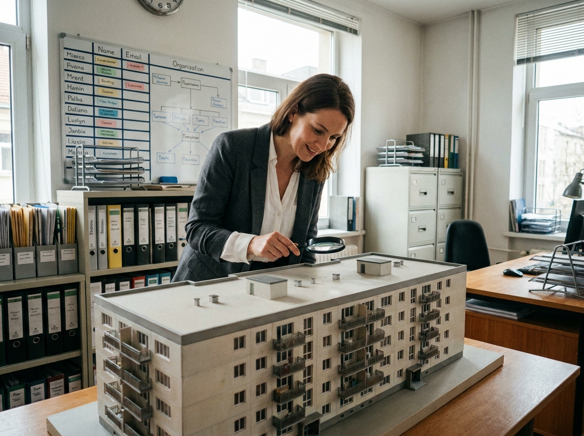 Administratrice immobilière examinant une maquette de complexe résidentiel dans un bureau de gestion de parc immobilier