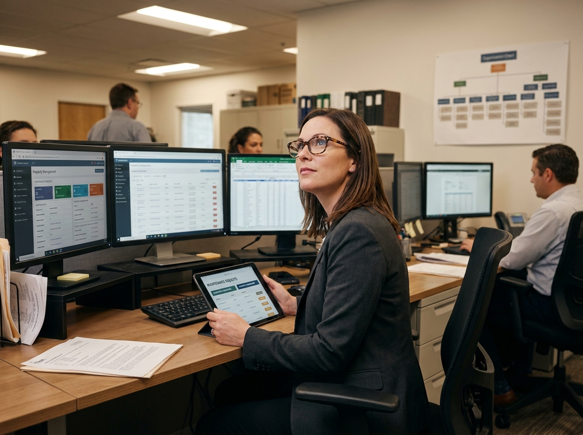 administratrice immobilière travaillant sur logiciel de gestion de propriétés avec tableaux de bord et rapports de maintenance