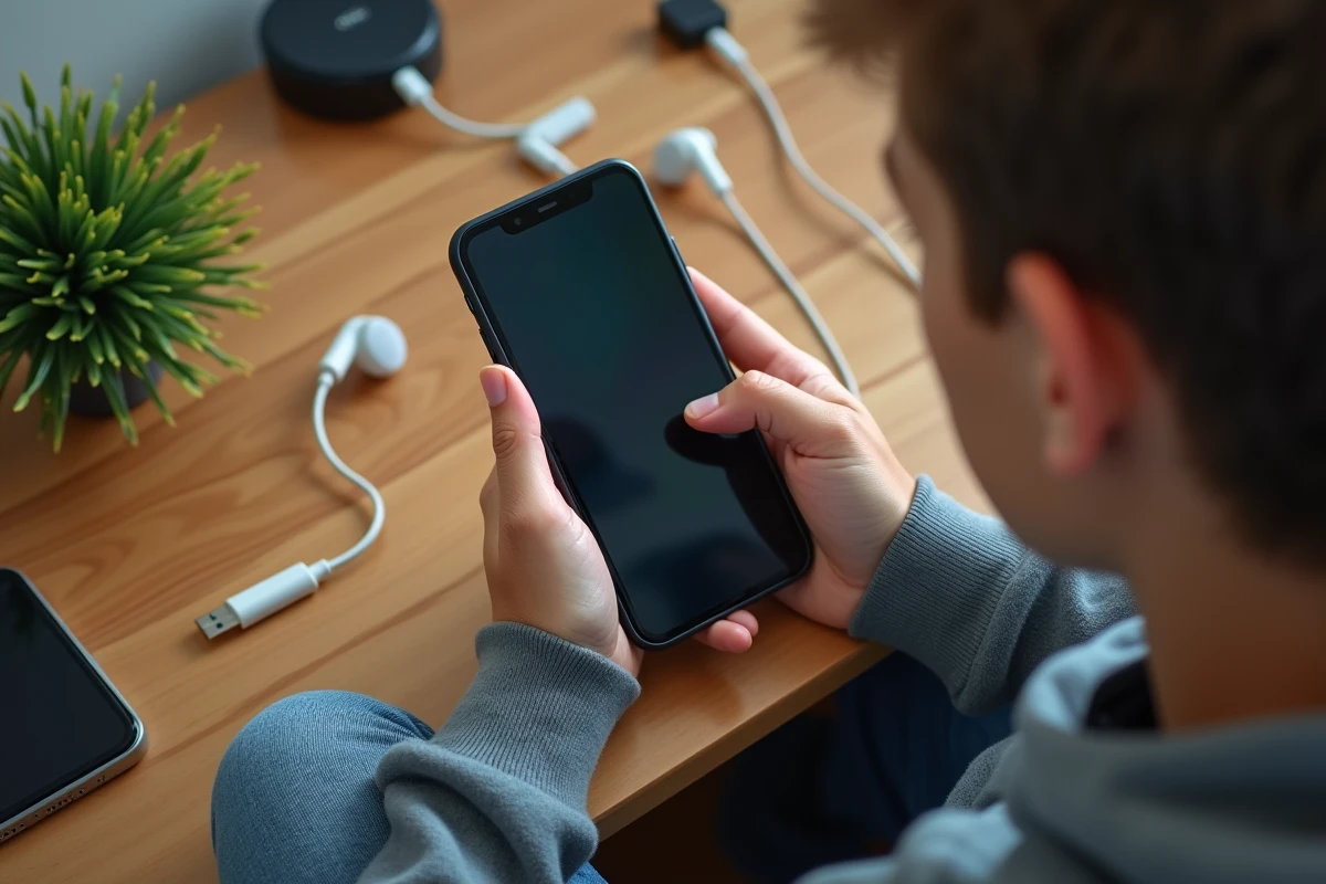 Adolescent utilisant un smartphone premium à son bureau avec accessoires technologiques modernes