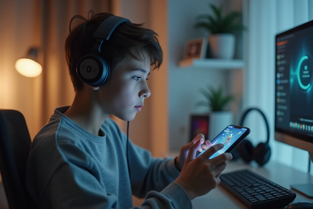 Adolescent utilisant un smartphone flagship pour des jeux vidéo haute performance en chambre