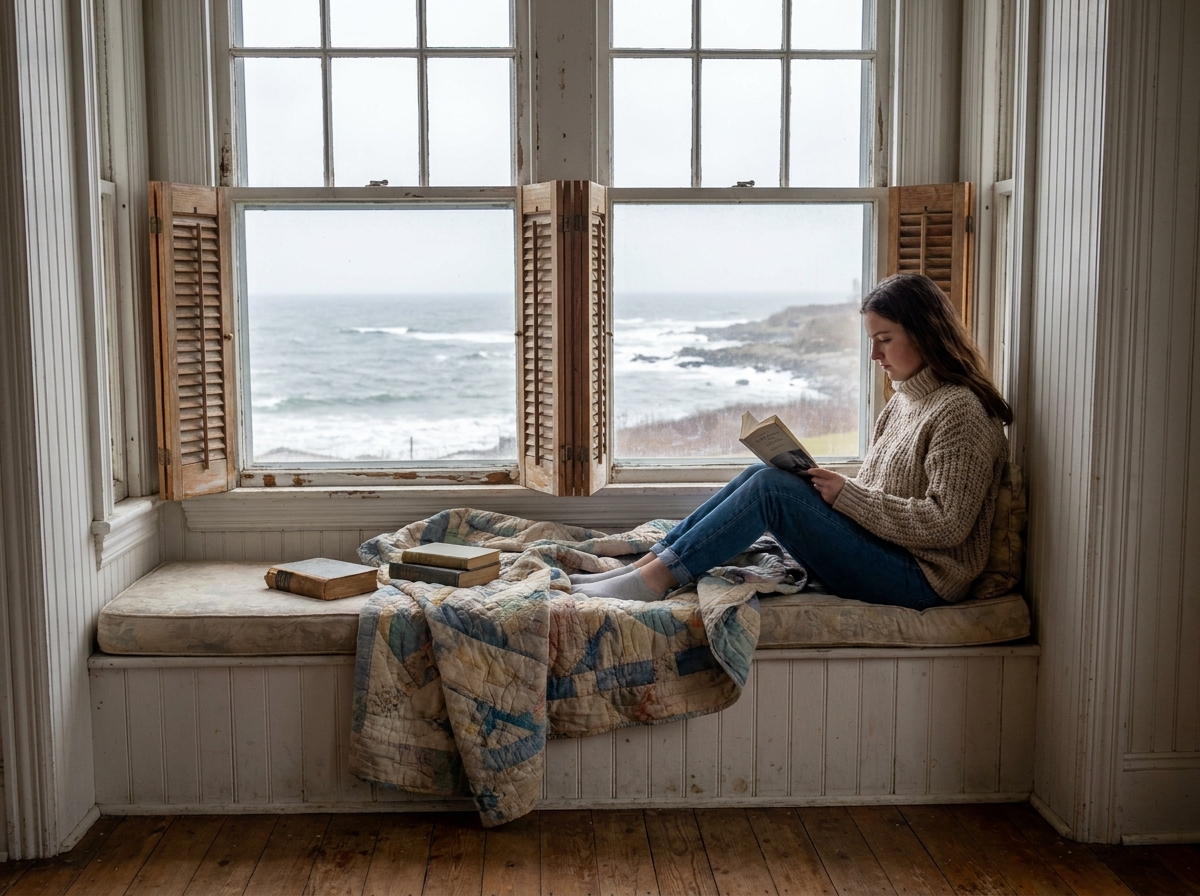 Adolescent assis à la fenêtre d'une chambre côtière avec vue sur l'océan Atlantique, incarnant la tranquillité des week-ends familiaux en bord de mer