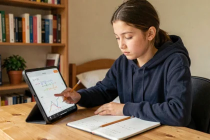 Adolescente utilisant une application de maths sur tablette à son bureau, avec cahier et équations mathématiques affichées à l'écran