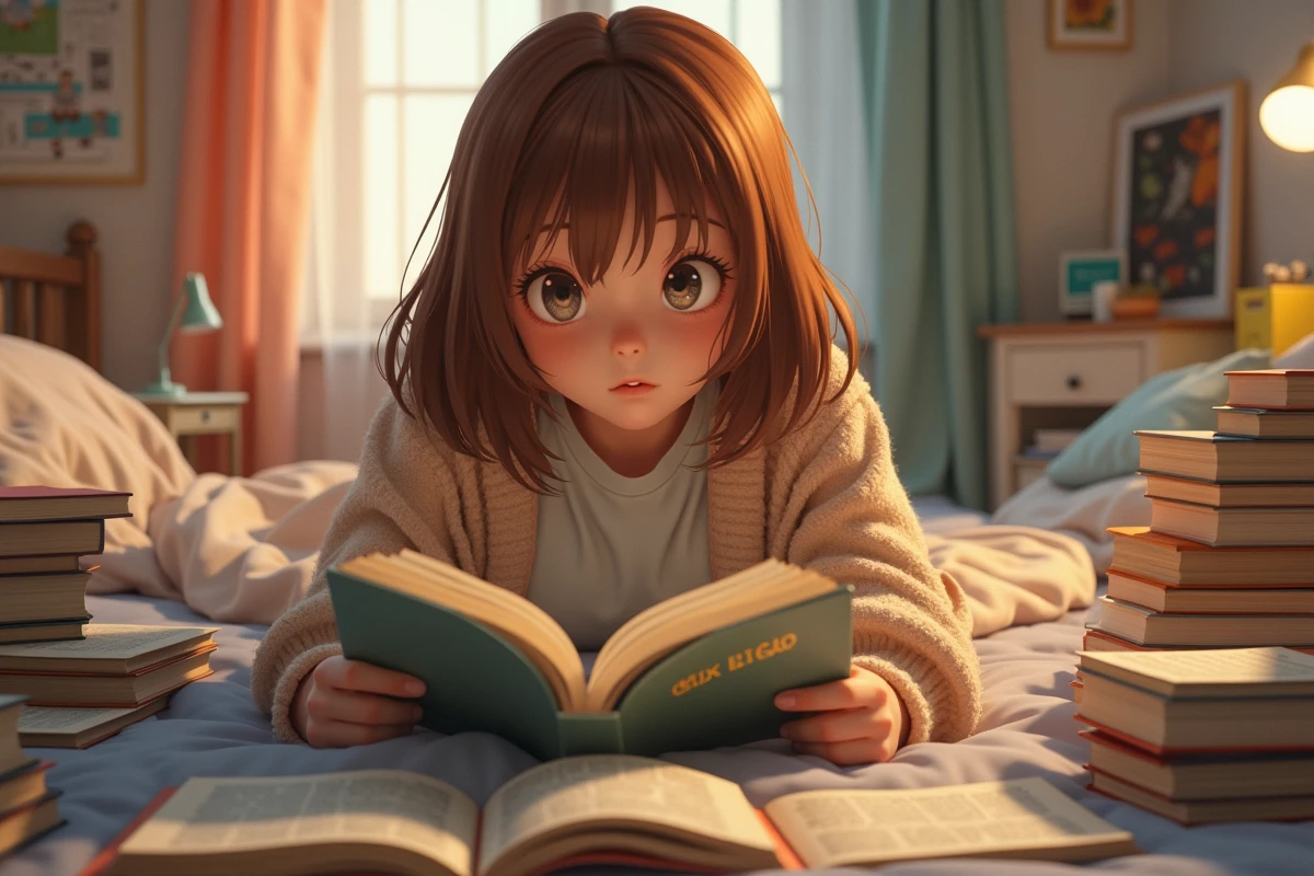 adolescente lisant des mangas boys love dans sa chambre entourée de sa collection