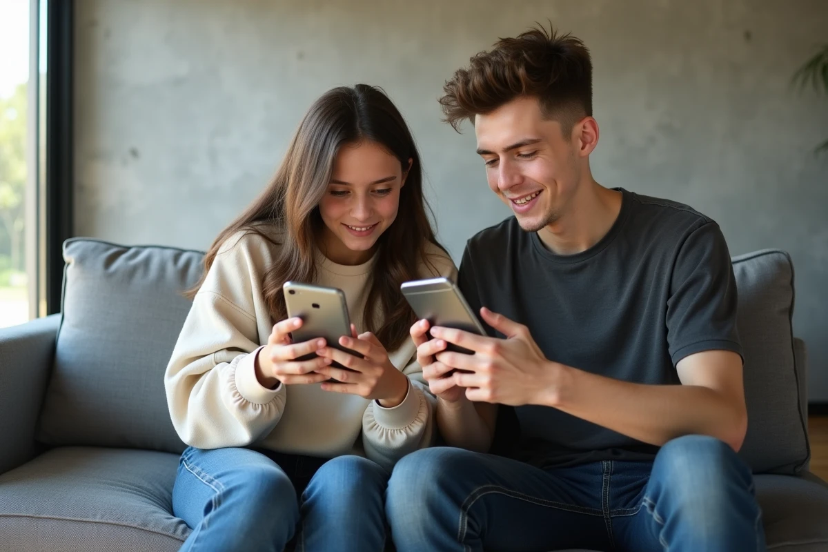 Deux adolescents discutant en comparant les fonctionnalités de deux téléphones mobiles différents