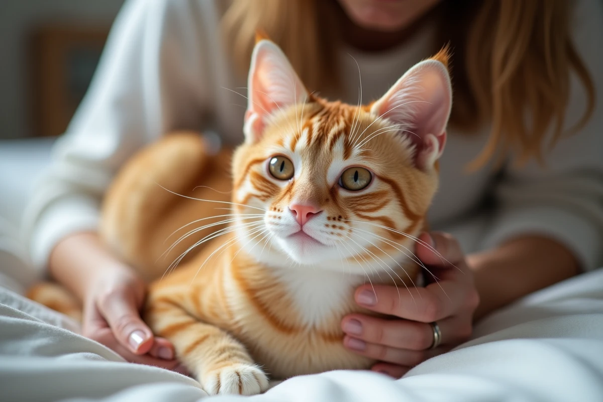 Chat adulte affectueux caressé par une femme sur un lit confortable, moment d'intimité et de tendresse