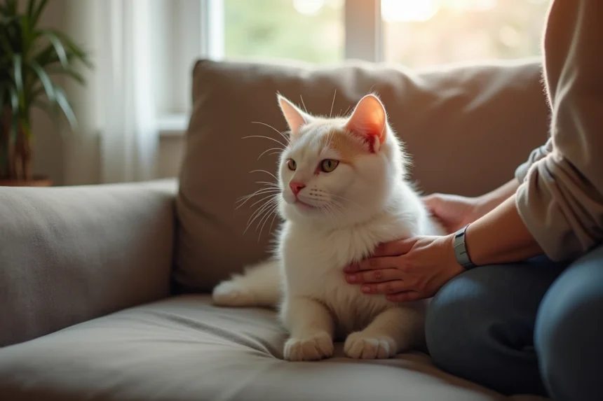 Chat adulte calme assis sur un canapé avec une personne qui le caresse tendrement