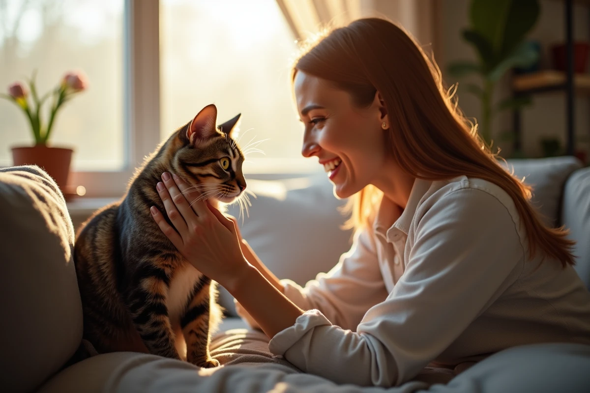 Chat adulte caressé par une femme souriante sur un canapé confortable dans un intérieur accueillant
