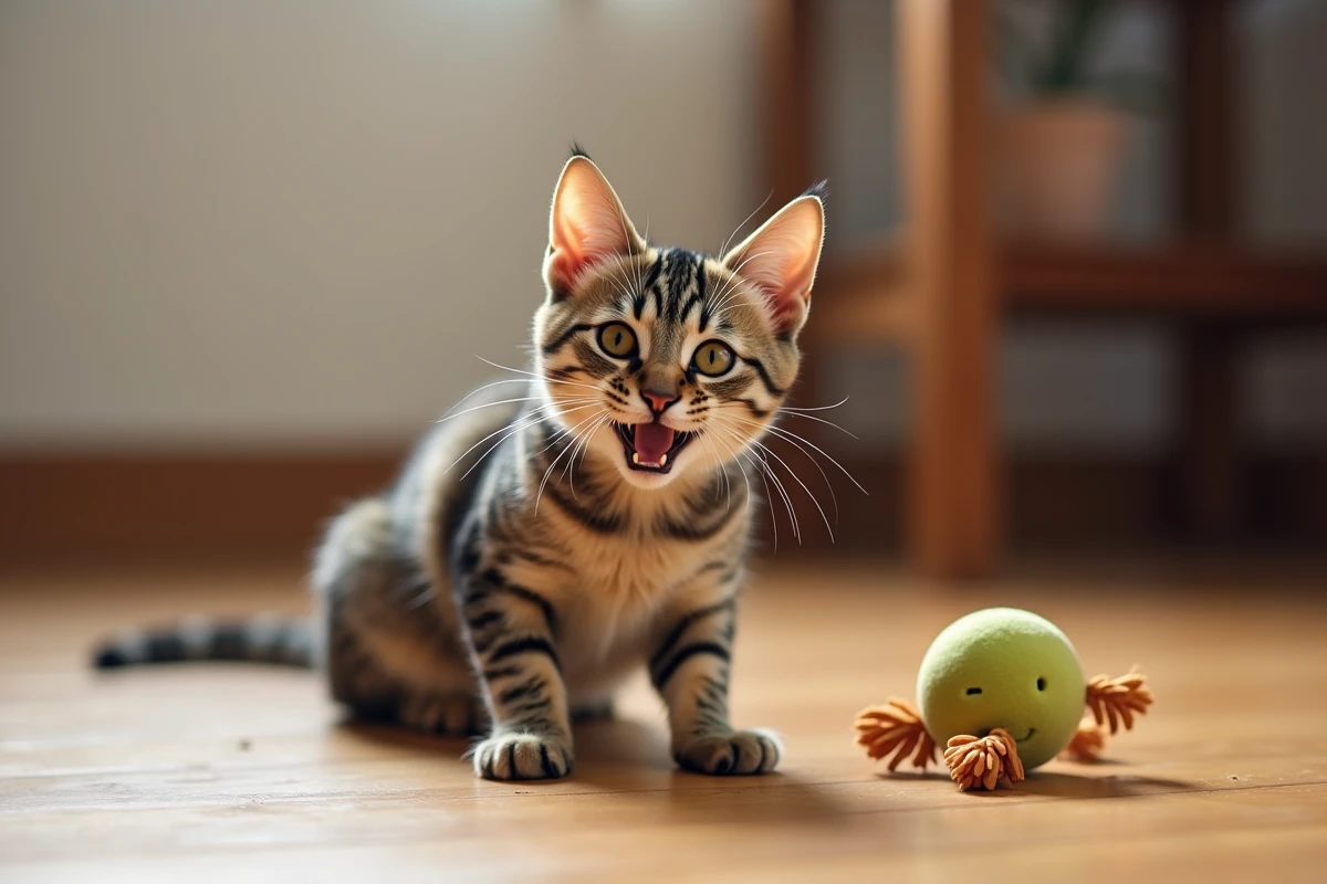 Chat adulte heureux jouant avec un jouet, montrant sa vitalité et son bien-être