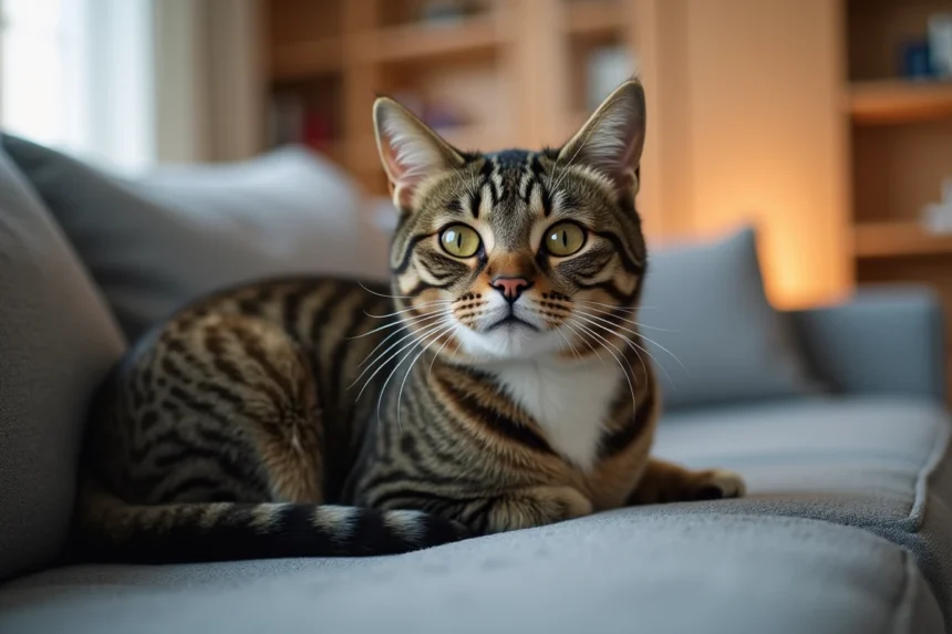 Chat adulte tabby calme assis sur un canapé gris, regard doux et affectueux vers la caméra