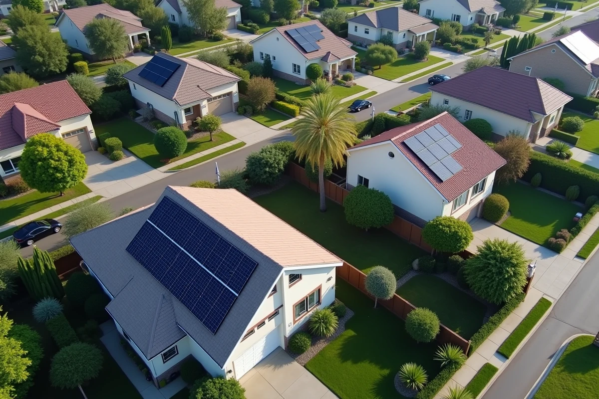 Vue aérienne de maisons résidentielles avec installations de panneaux solaires dans un quartier suburban