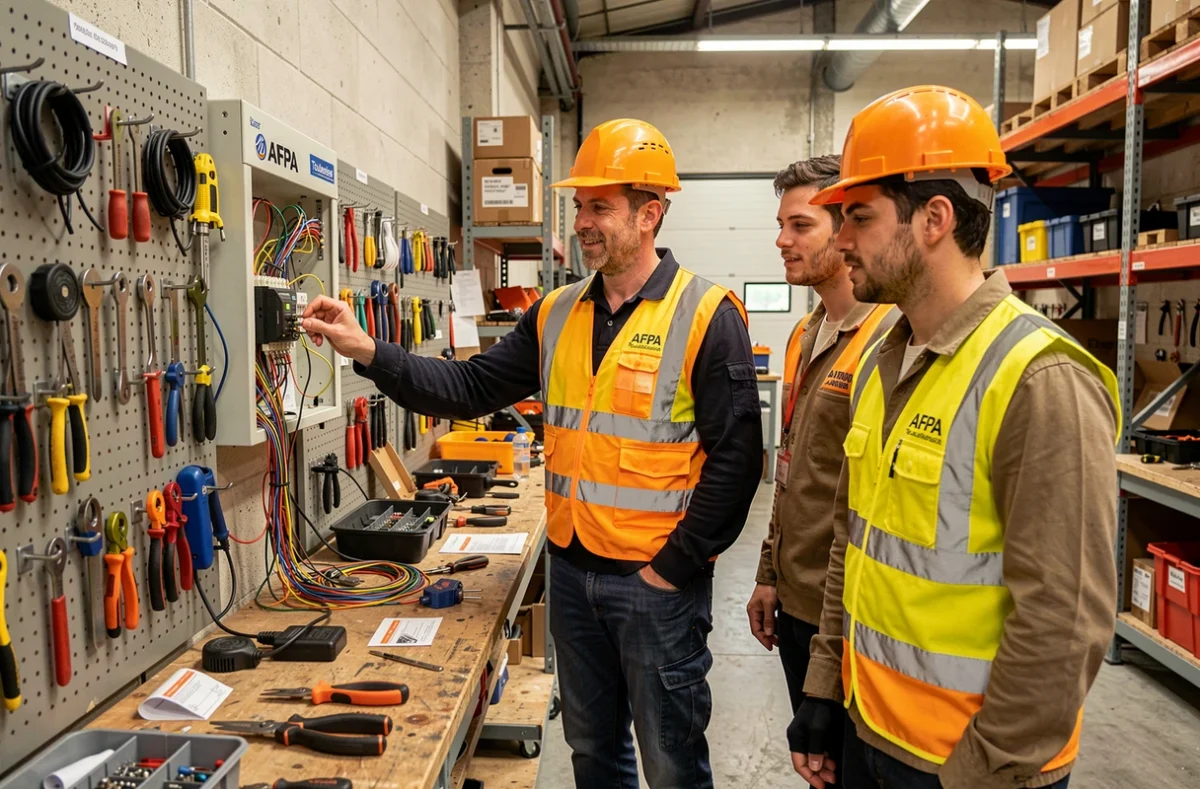 Formateur de l'AFPA Toulouse encadrant des apprentis lors d'un atelier de formation professionnelle en électricité