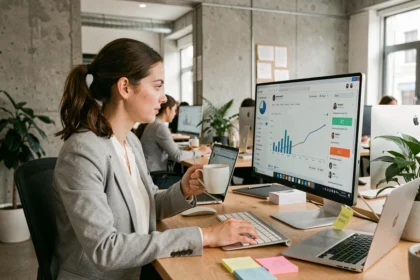 Chargée de community management analysant des statistiques de réseaux sociaux dans une agence digitale des Pays de la Loire