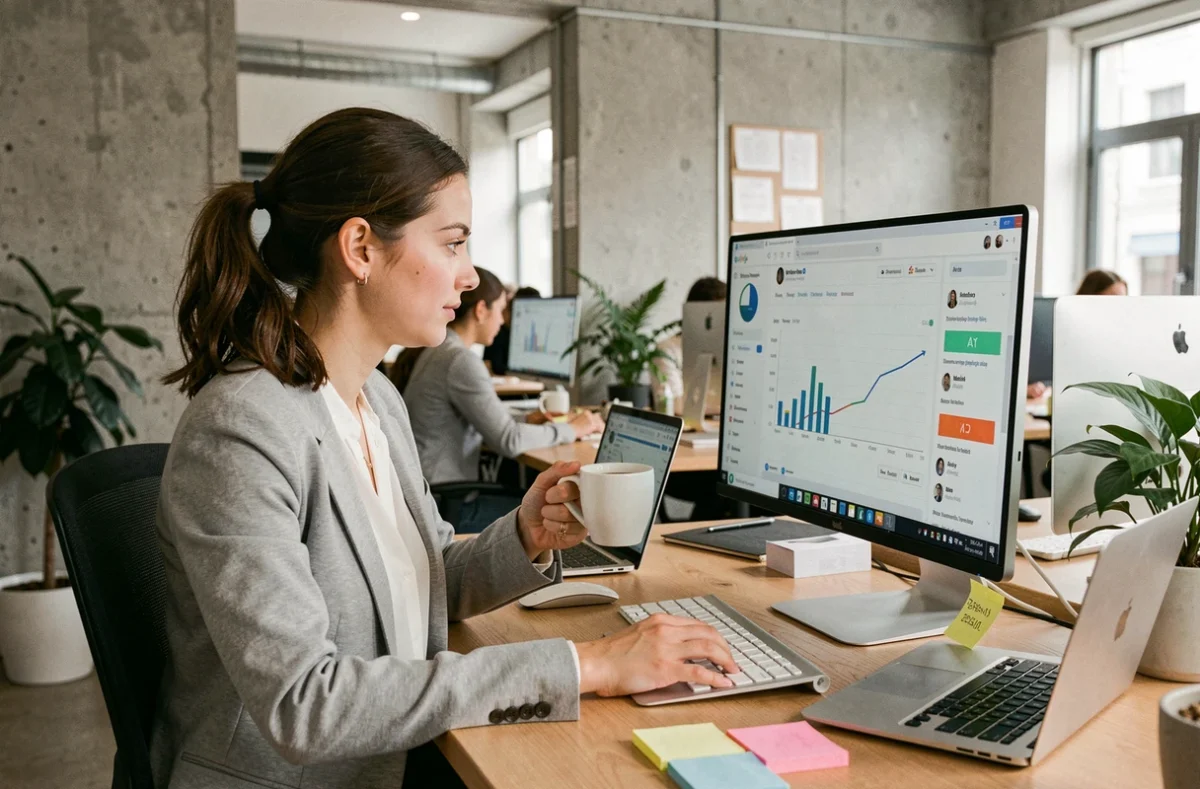 Chargée de community management analysant des statistiques de réseaux sociaux dans une agence digitale des Pays de la Loire
