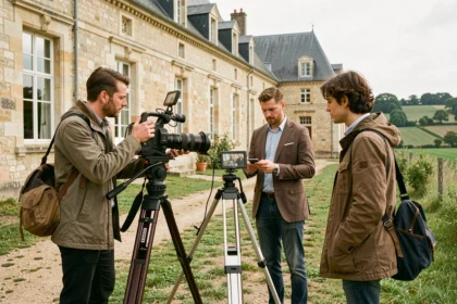 Équipe de production vidéo professionnelle en tournage extérieur en Centre-Val de Loire avec caméra cinéma sur trépied