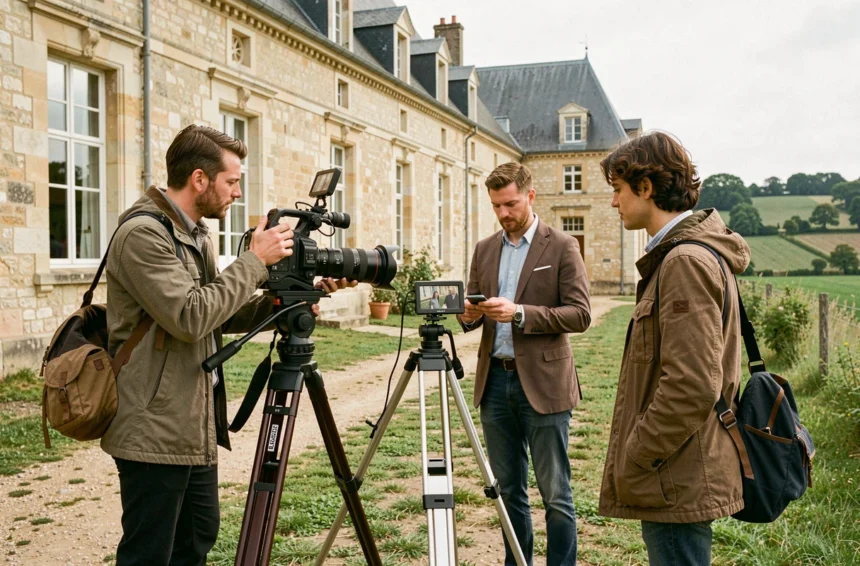 Équipe de production vidéo professionnelle en tournage extérieur en Centre-Val de Loire avec caméra cinéma sur trépied