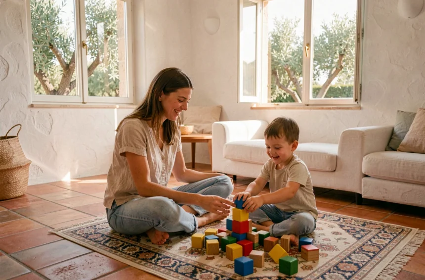 Une baby-sitter souriante joue avec deux enfants sur un tapis dans un salon méditerranéen chaleureux dans le Gard