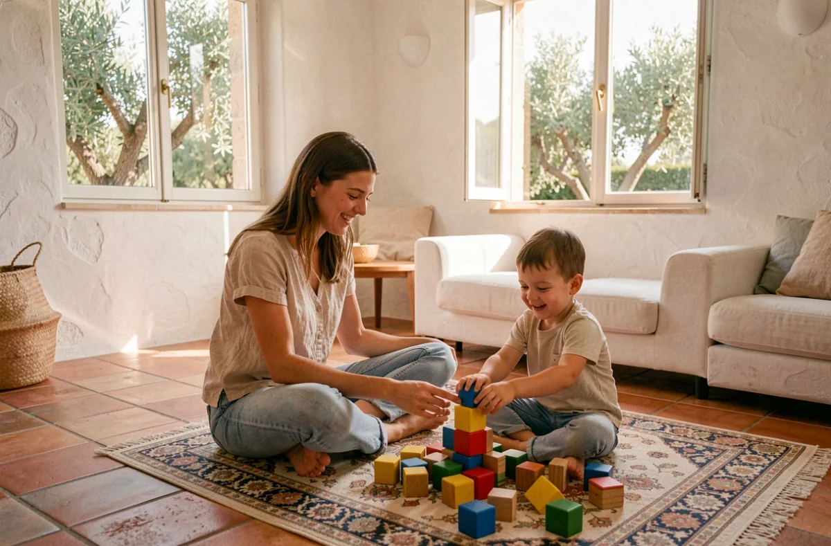 Une baby-sitter souriante joue avec deux enfants sur un tapis dans un salon méditerranéen chaleureux dans le Gard