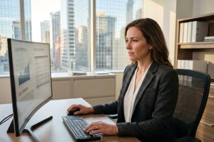 Agent d'assurance femme travaillant sur ordinateur dans son bureau moderne avec CRM et gestion de dossiers clients