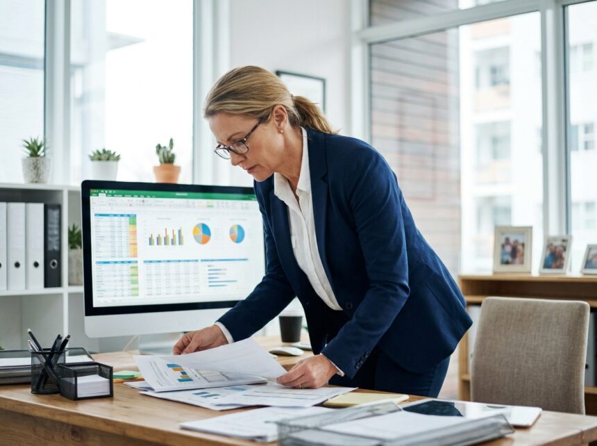Gestionnaire d'assurance travaillant sur un logiciel CRM au bureau pour gérer les données clients