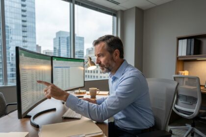 Agent d'assurance consultant une base de données client sur écrans multiples dans un bureau moderne avec CRM actif