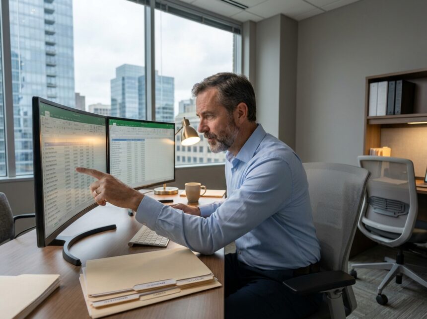 Agent d'assurance consultant une base de données client sur écrans multiples dans un bureau moderne avec CRM actif