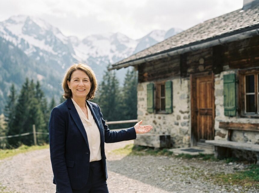Agent immobilier de montagne présentant un chalet alpin avec montagnes enneigées en arrière-plan, illustration du changement apporté par une agence locale professionnelle