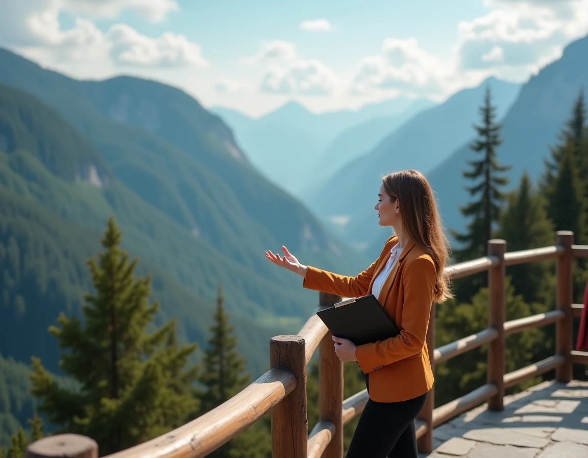 Agent immobilier locale présentant vue montagne et paysage alpin aux clients