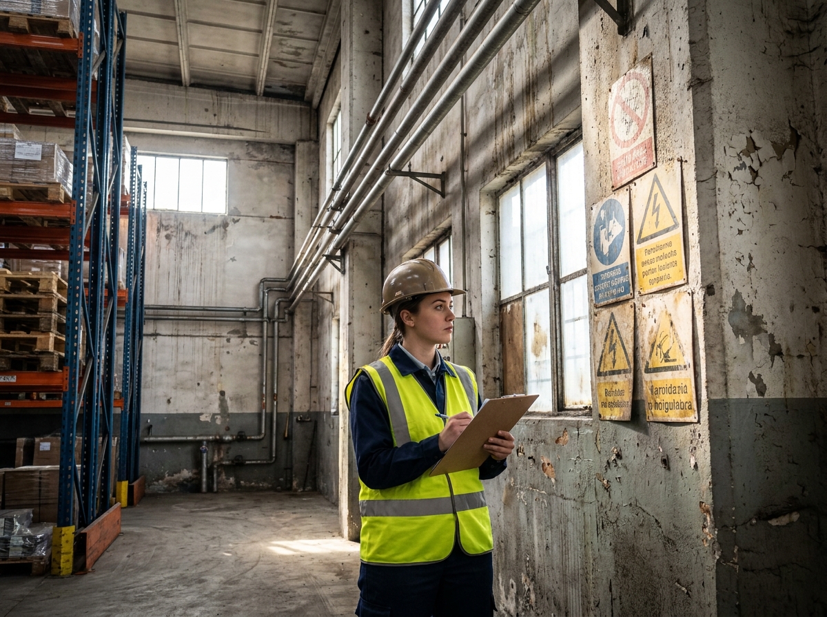 Agent de sécurité au travail examinant des panneaux d'avertissement industriels usés et illisibles dans un entrepôt professionnel