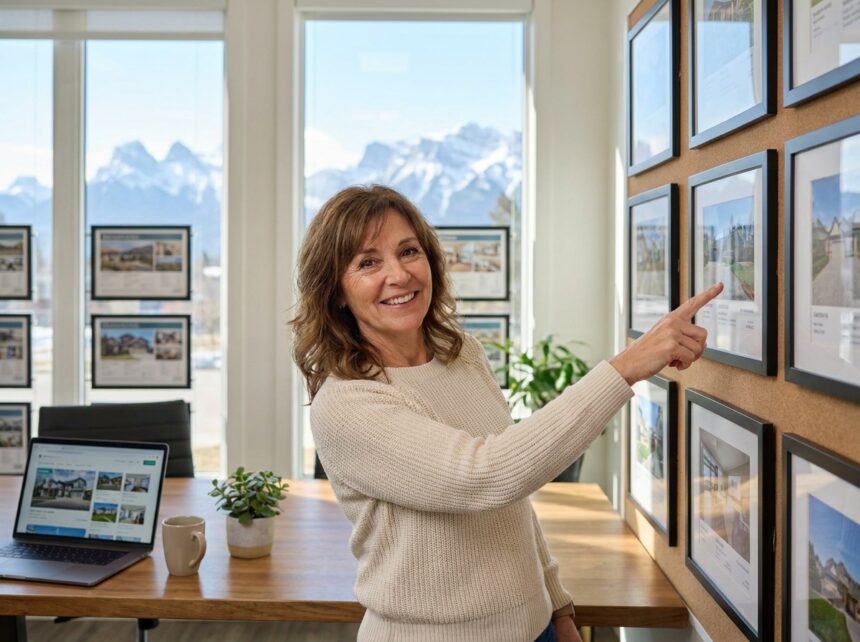 Agente immobilière montagne presentant proprietes clients bureau vue pics enneiges