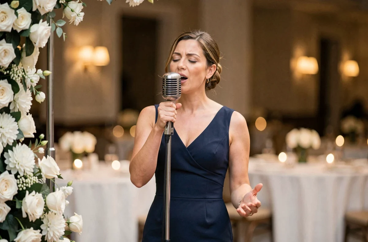 Agnès Aumis, chanteuse de mariage en robe bleu marine, se produisant avec un micro vintage lors d'une réception
