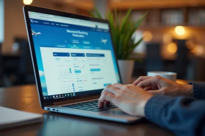 Écran d'ordinateur portable montrant un site de réservation de vols avec comparaison des prix des billets d'avion