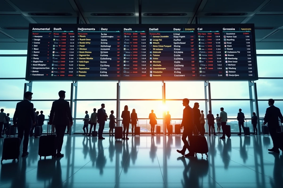 Tableau d'affichage des départs à l'aéroport avec différentes options de tarifs aériens