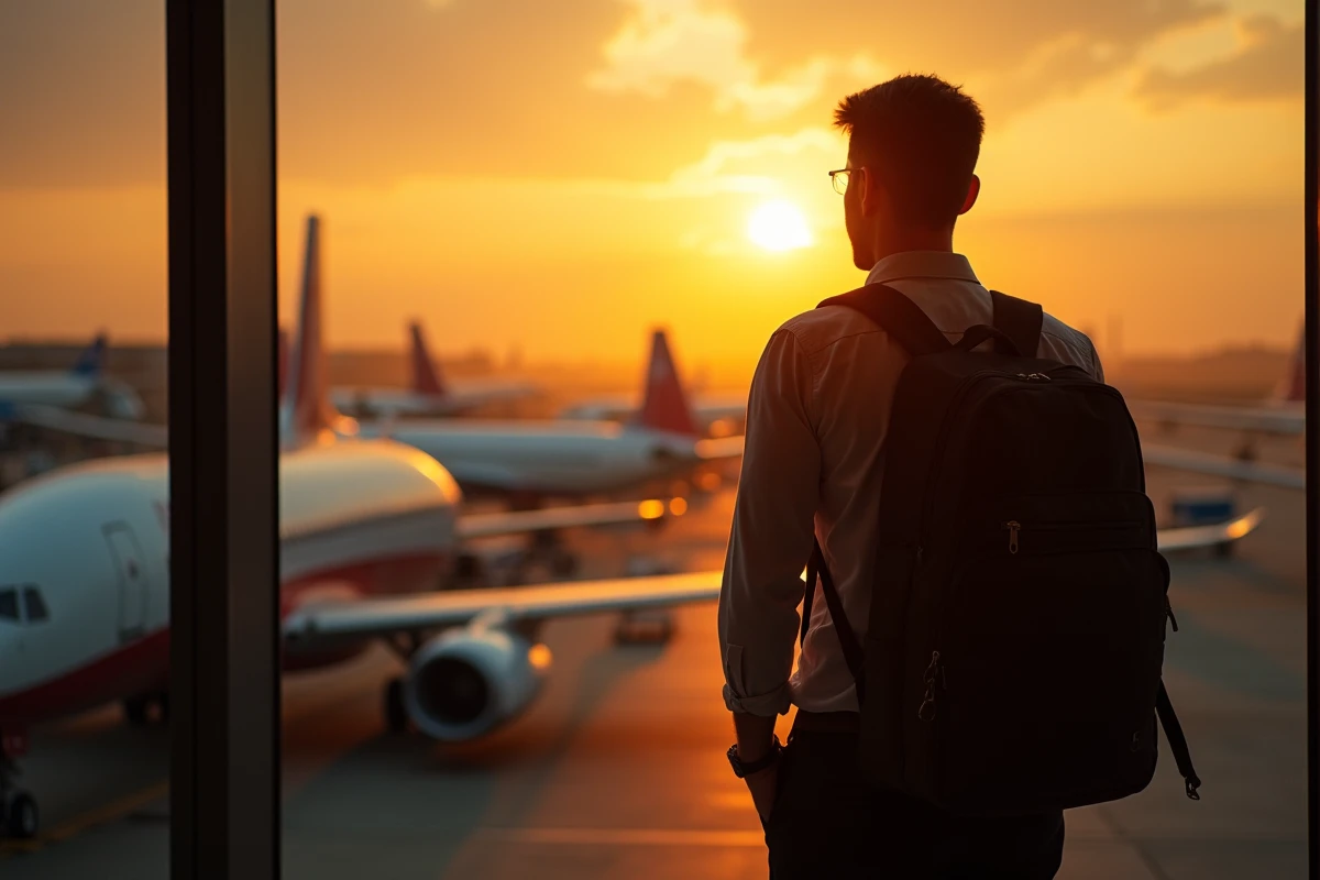 Voyageur observant les avions à l'aéroport pour planifier son trajet et obtenir les meilleurs prix de billets