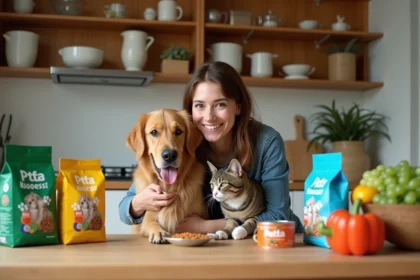 femme nourrissant son chien et chat avec aliments budget dans une cuisine moderne remplie d'options alimentaires abordables