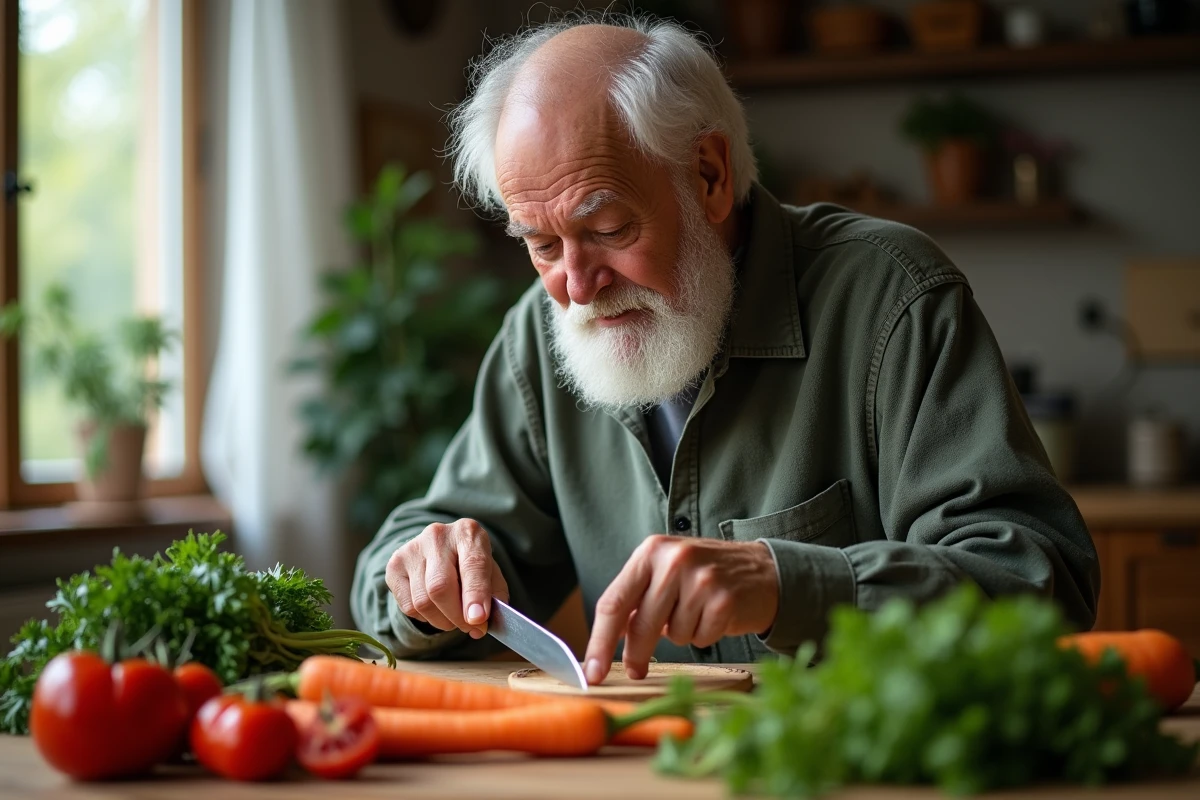 Homme âgé préparant des légumes frais à table pour une alimentation saine et équilibrée
